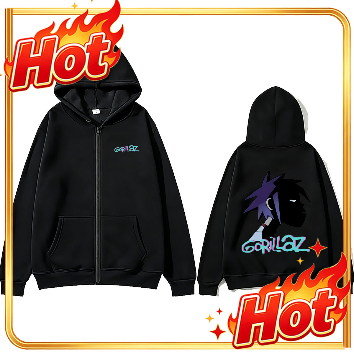 Mens Fashion Zip Up Hoodies - Rockband Gorillaz Face Graphic Hoodie met